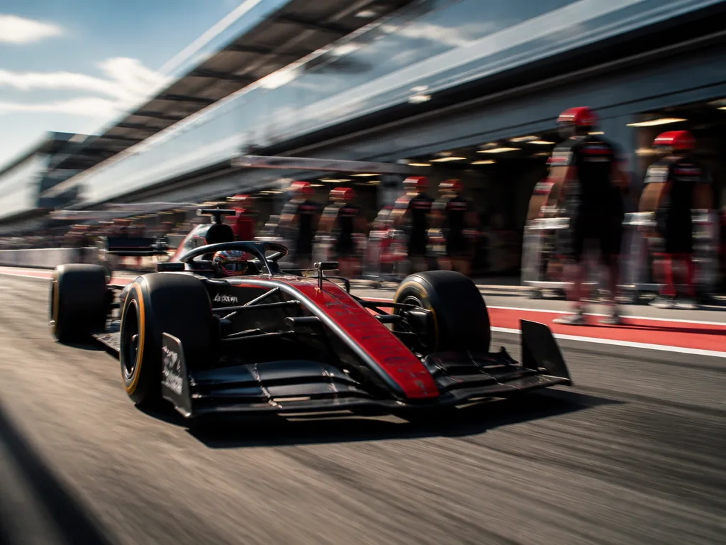 F1-bil på banan under kvalificeringen med rörelseoskärpa och pitstoppsteam i bakgrunden