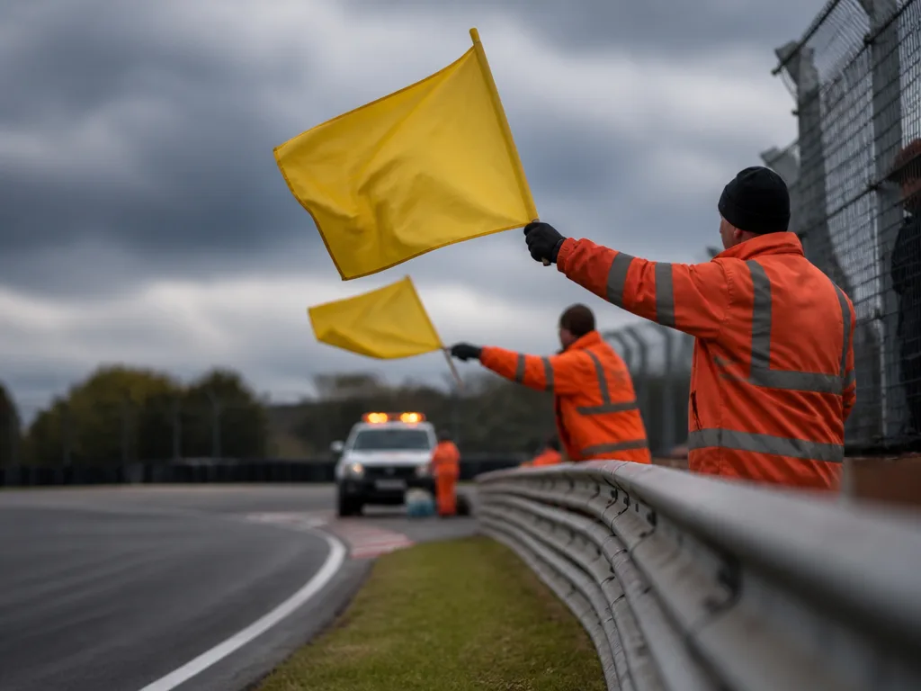 Banskötare med gula flaggor längs racing-circuit medan ett bärgningsfordon arbetar i bakgrunden