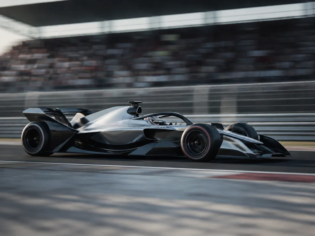 Formel 1-bil i rörelse på racebana med aerodynamiska vingar och futuristisk design för 2026-reglerna