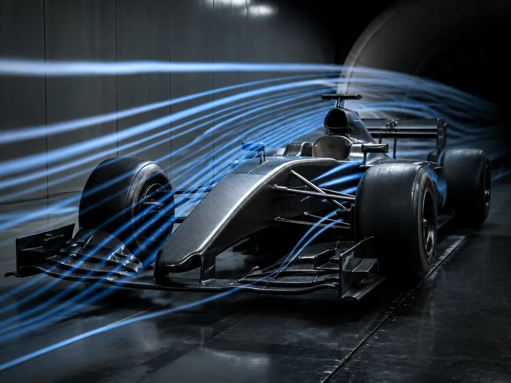 Racerbil i vindtunnel med aerodynamiska luftflödesvisualiseringar i blått och vitt