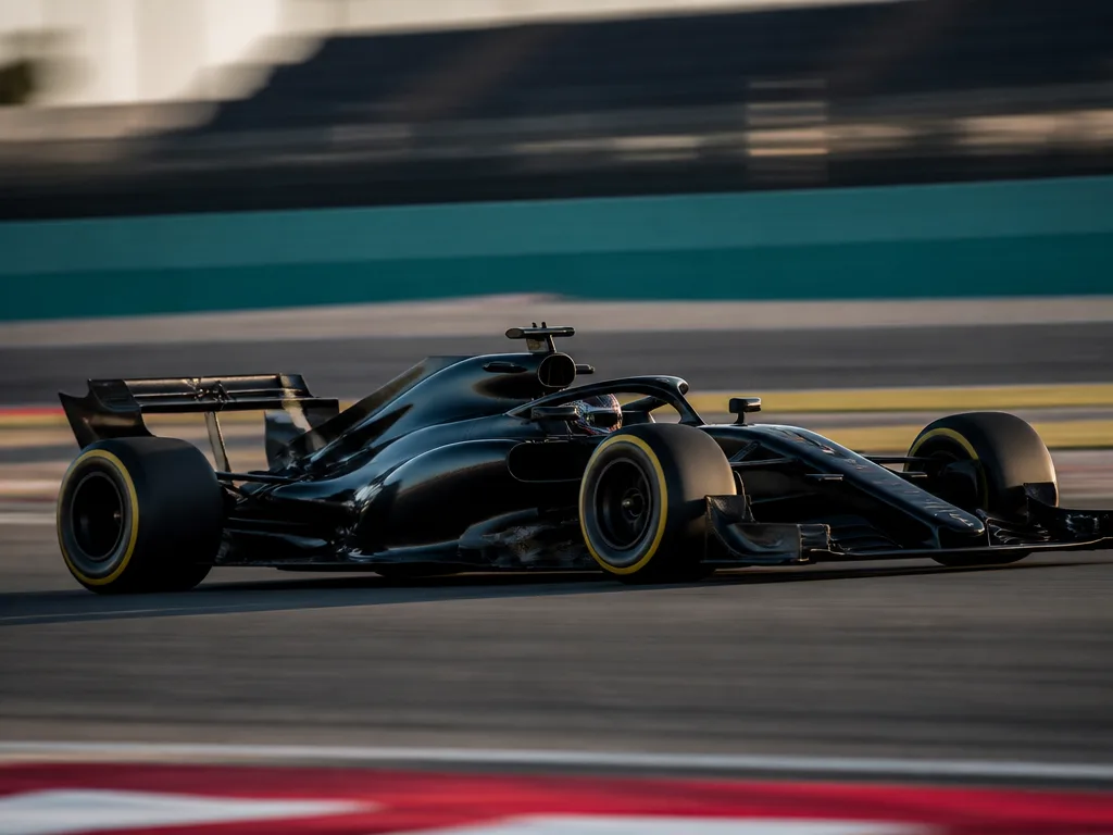 Formel 1-bil i sidoperspektiv på racerbana med aerodynamiska komponenter synliga