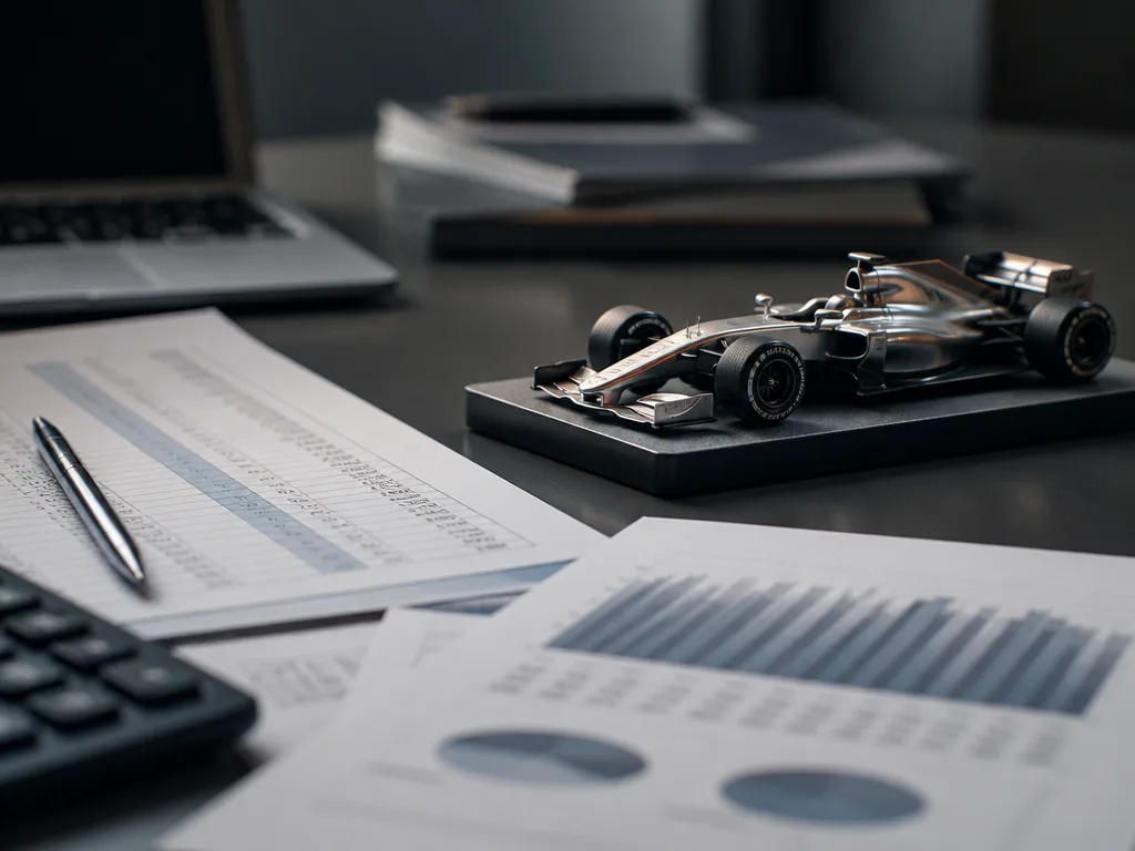 Budgetdokument och minimodell av en racerbil på ett skrivbord: illustration av F1:s budgettak