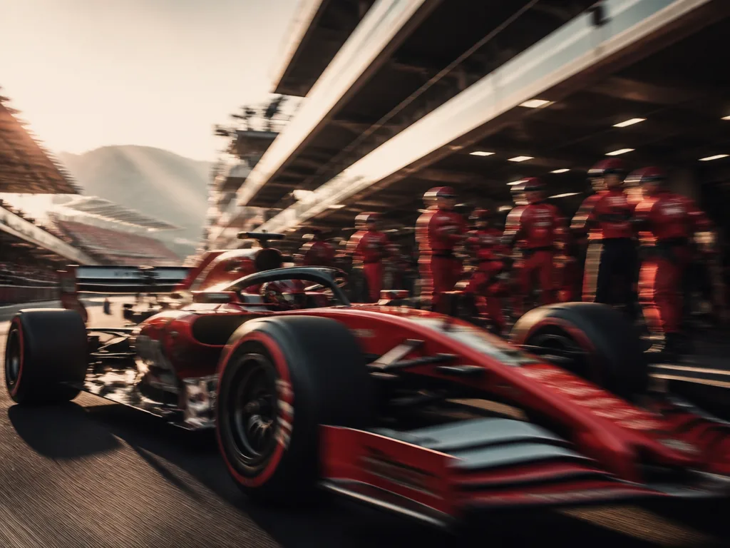 Formel 1-bil i full fart på en racingbana med rörelseoskärpa och dramatisk belysning