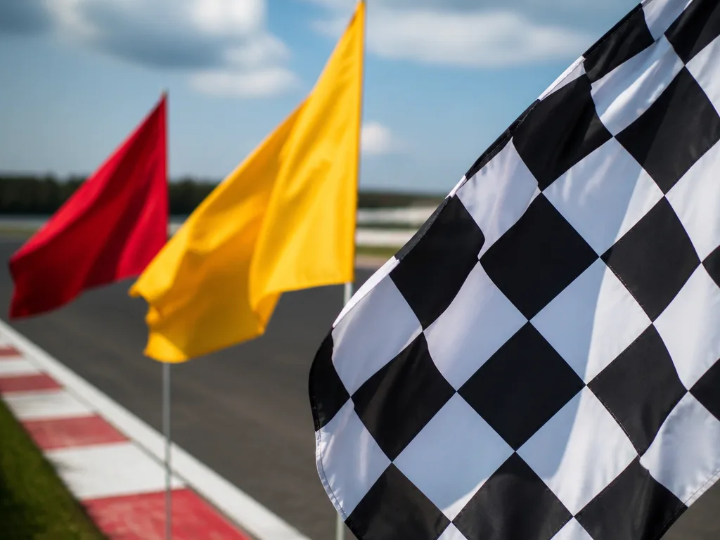Motorsport-flaggor på racerbana med schackruteflaggan i förgrunden och färgglada F1-signalflaggor
