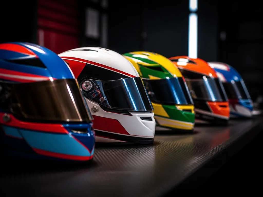 Rad med färgglada racinghjälmar uppradade i ett motorsportgarage
