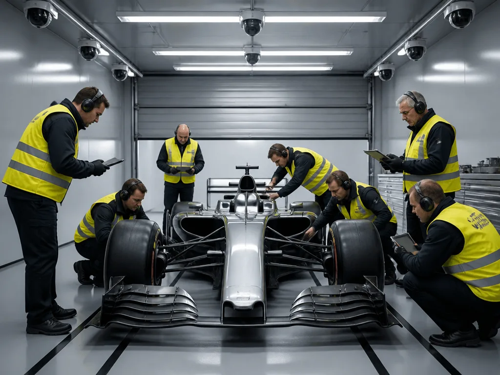 FIA-kontrollanter granskar en F1-bil i ett inhägnat och bevakat garageutrymme under parc fermé-inspektion