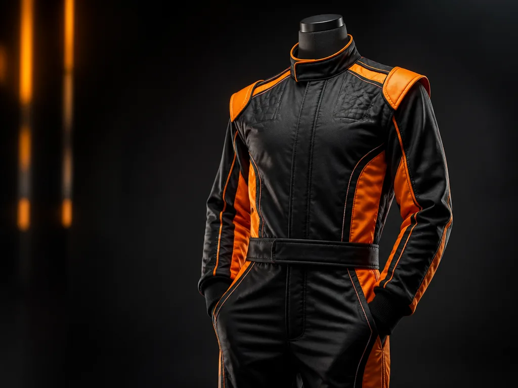 Orange och svart motorsport racingdräkt på mannekäng i professionellt studio
