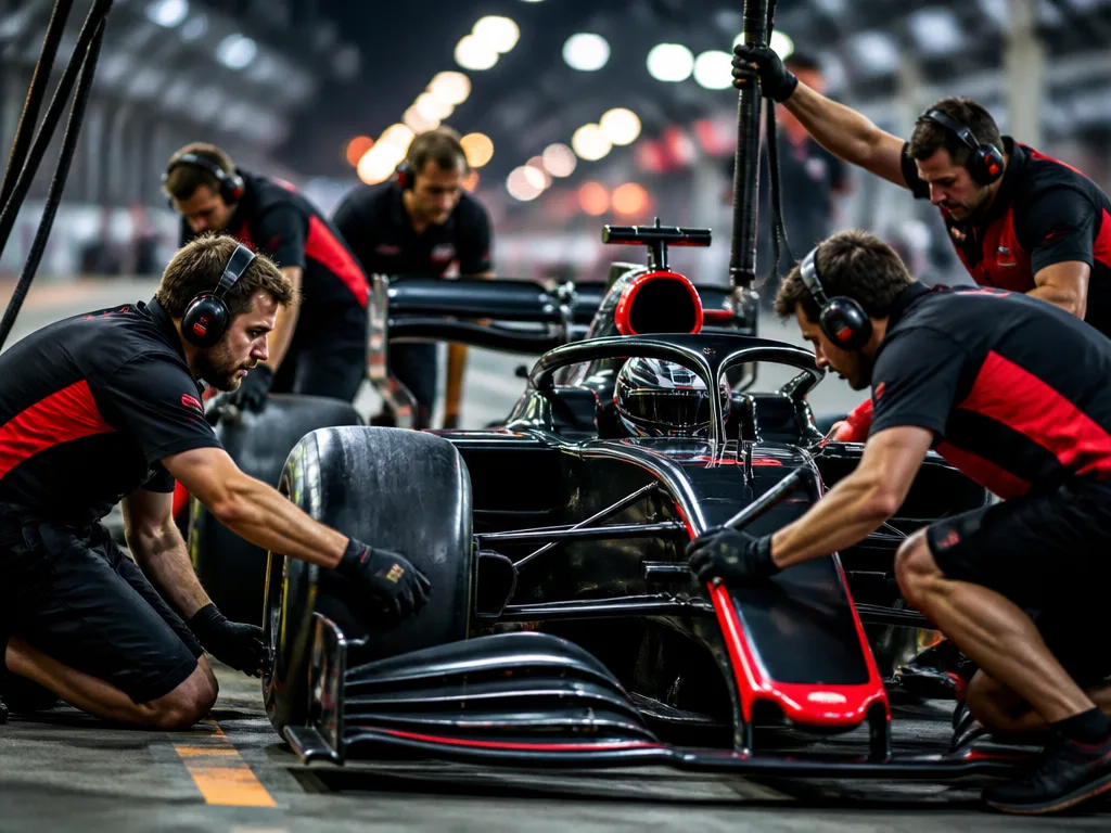 F1-mekaniker arbetar intensivt i depån under ett Grand Prix-veckoslut