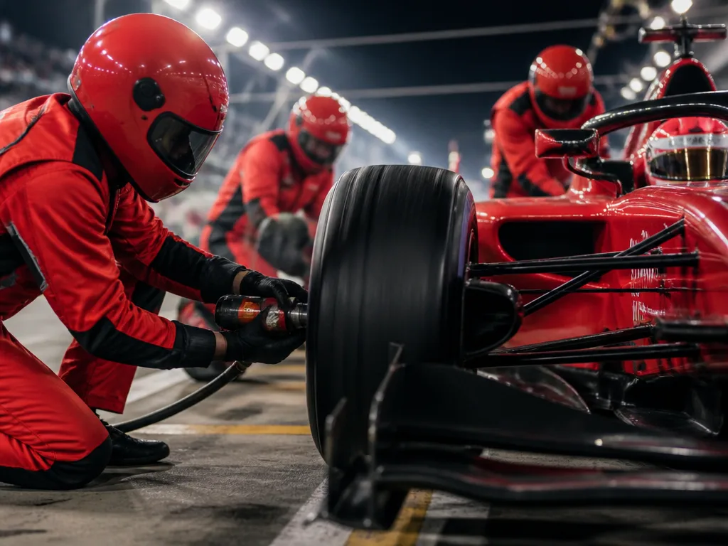 Formel 1-bil i pitstop med mekaniker som byter däck i synkroniserad rörelse under dramatisk belysning